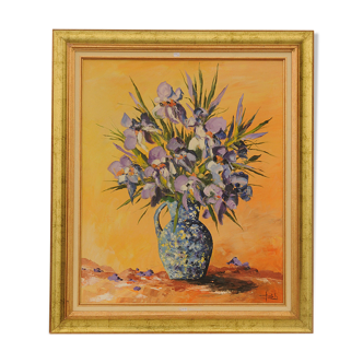 Huile sur toile "Les iris au vase bleu"