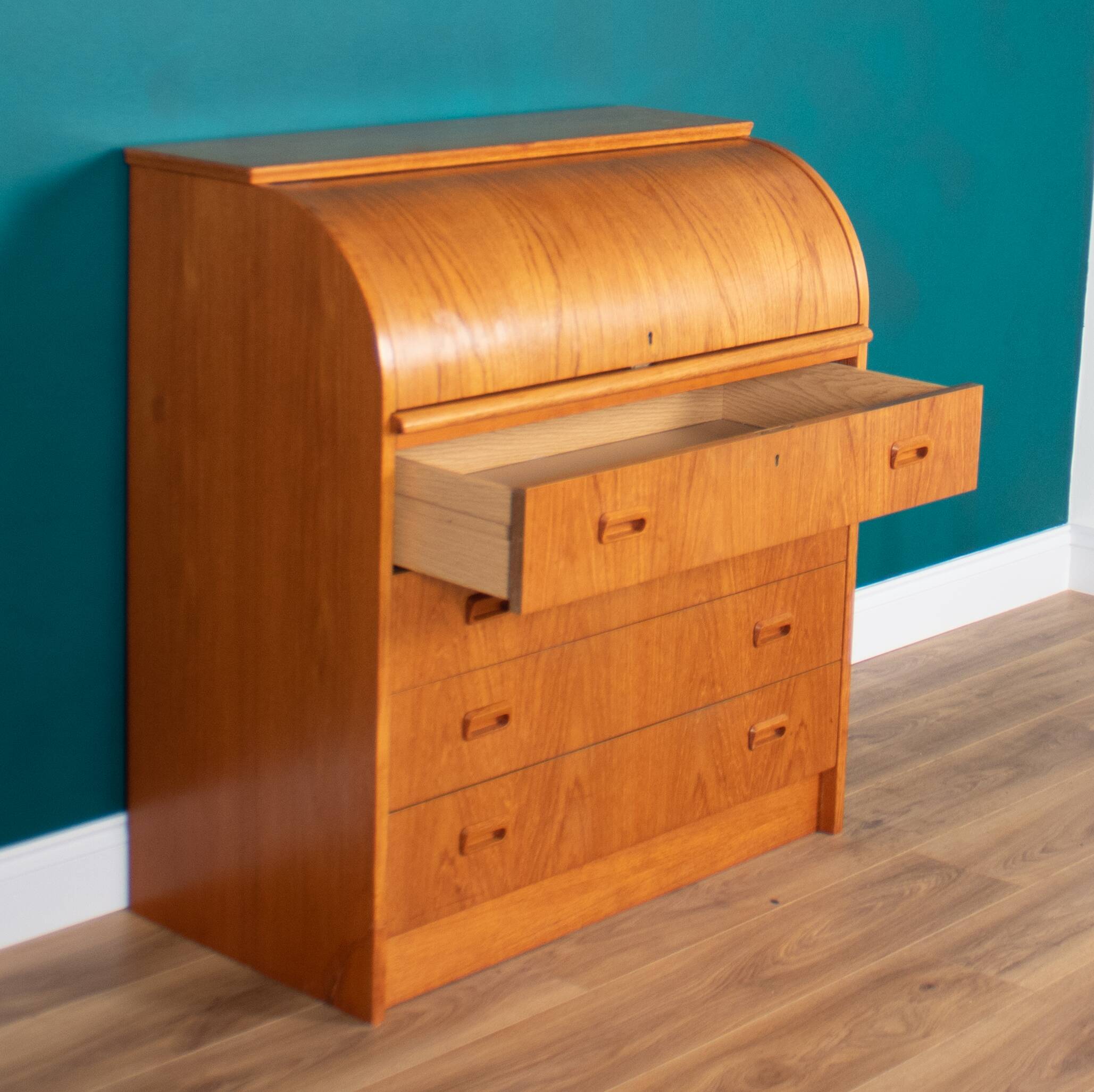 Retro Teak 1960s Danish Tambour Front Roll Top Bureau Writing Desk