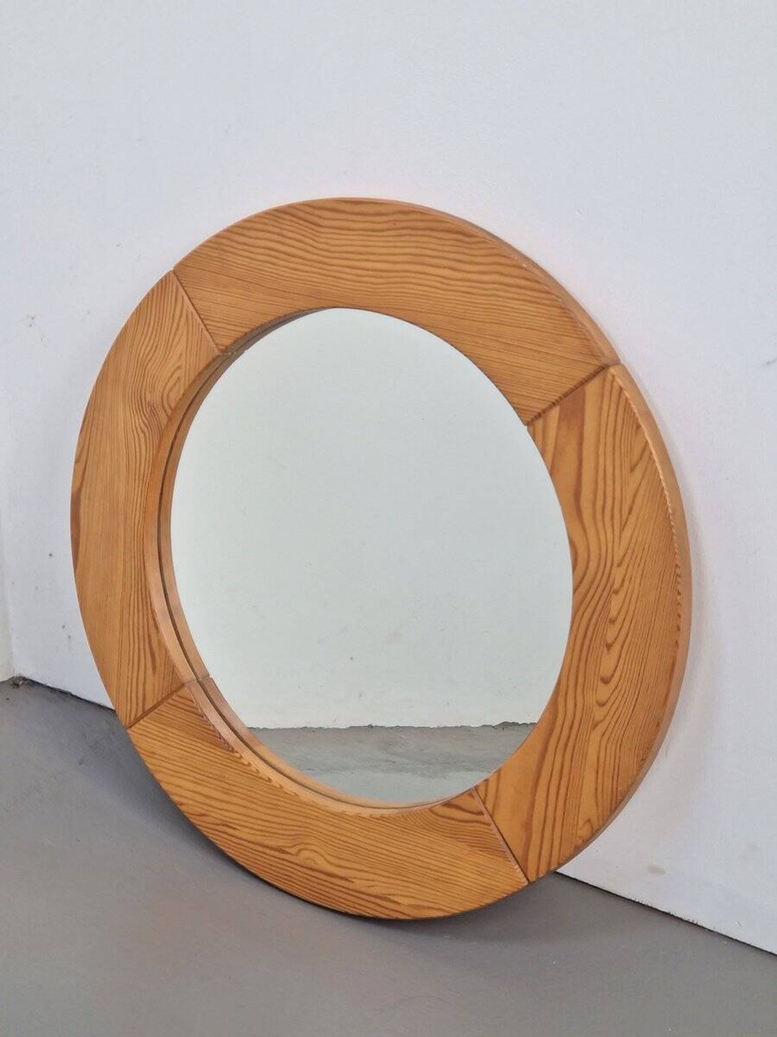 Vintage Scandinavian Round Pine Mirror, 1970s