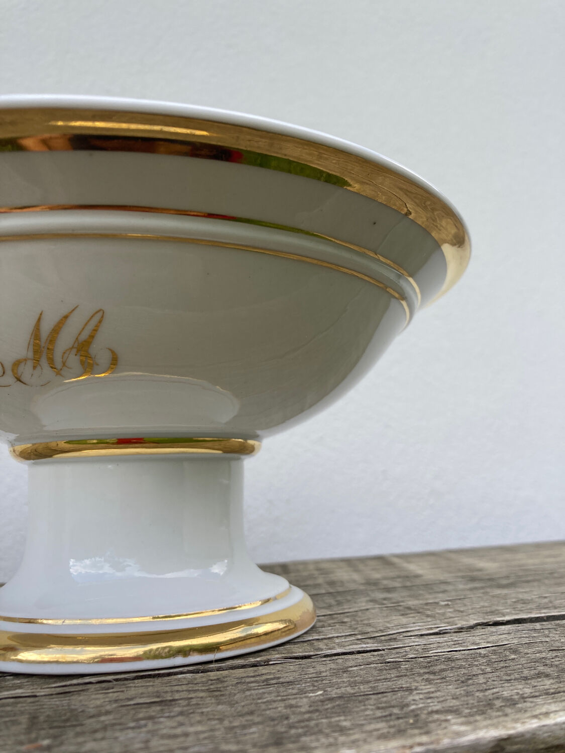 Antique monogrammed white and gilded porcelain compotier