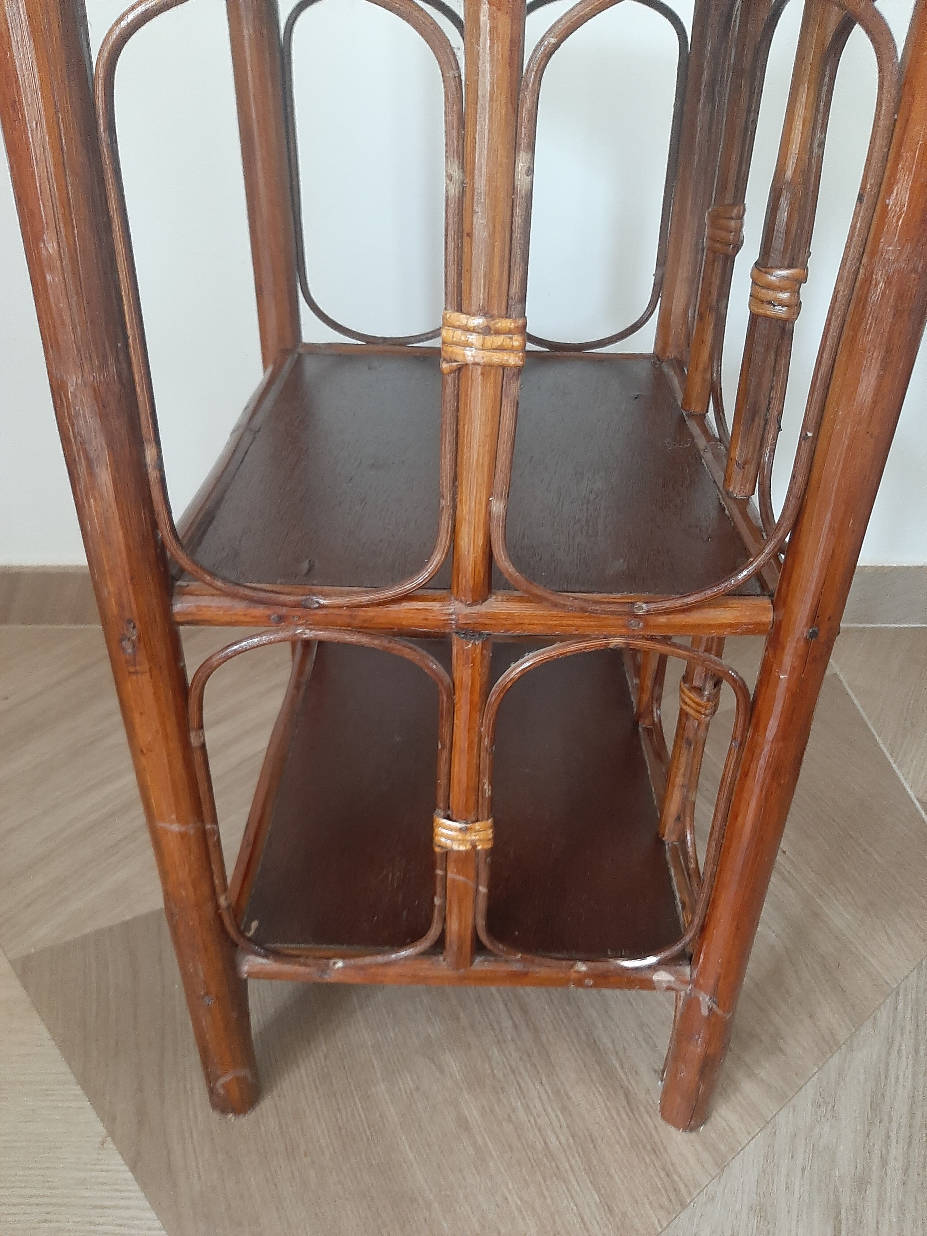Vintage - set of 2 shelves of wooden floor, bamboo and rattan - 3 levels- retro 80s