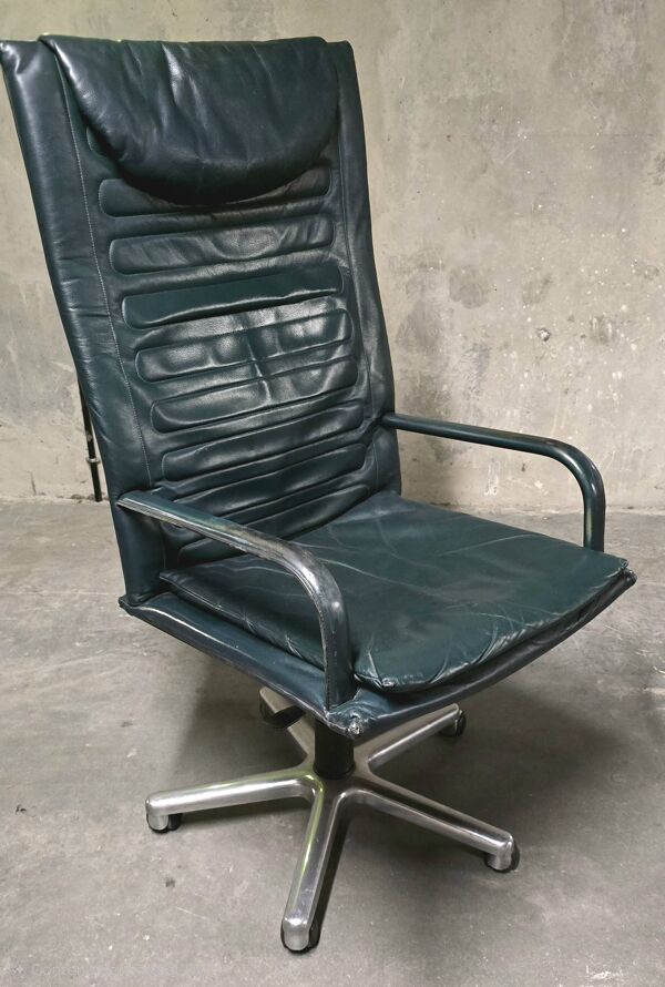 Fauteuil de bureau LOOP – Pierluigi Molinari, 1992 – cuir vert foncé