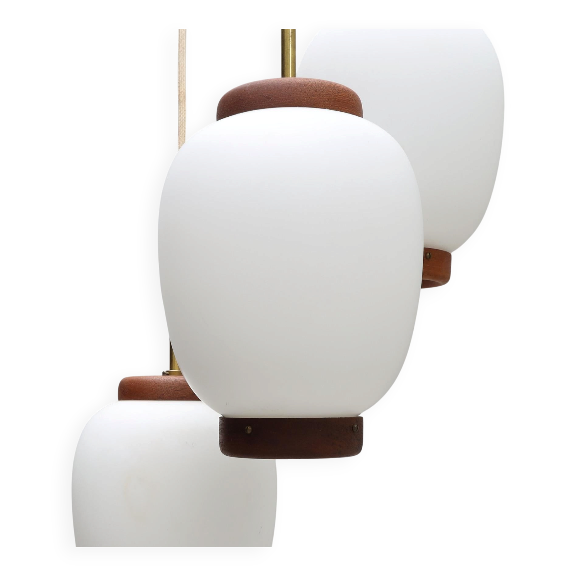 Bent Karlby "China" pendant lights, 3 lights, teak and glass, Lyfa, Denmark, 1960.