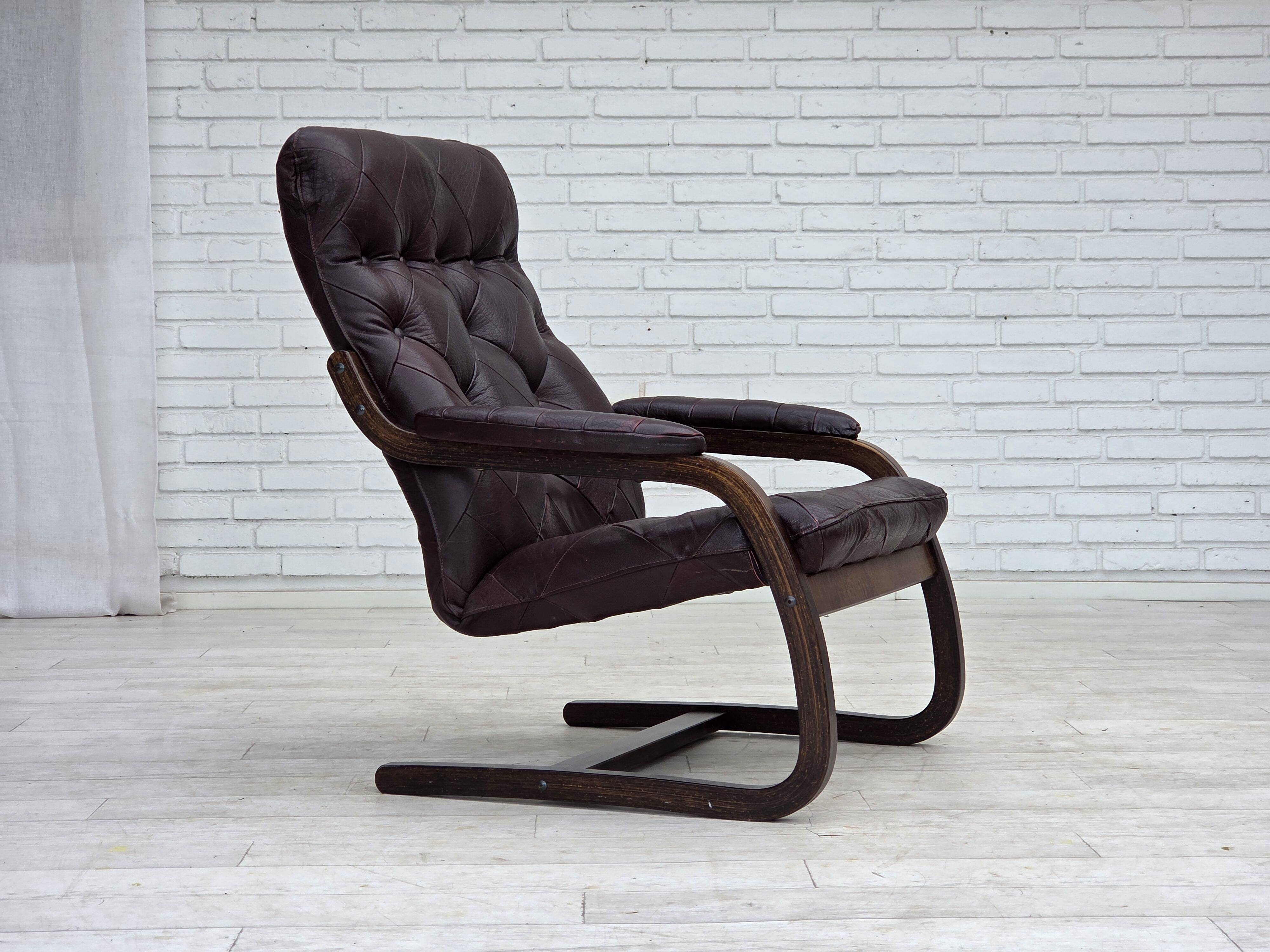 1970s, Scandinavian armchair, brown furniture leather, bent wood.
