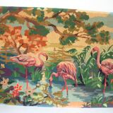 Old canvas tapestry made from a group of pink flamingos 102 cm vintage decoration 1970
