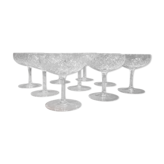 Set of 9 engraved crystal champagne glasses
