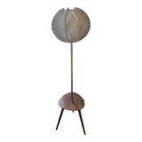 Vintage 1960s tripod floor lamp in Scandinavian brass and teak with raffia shade
