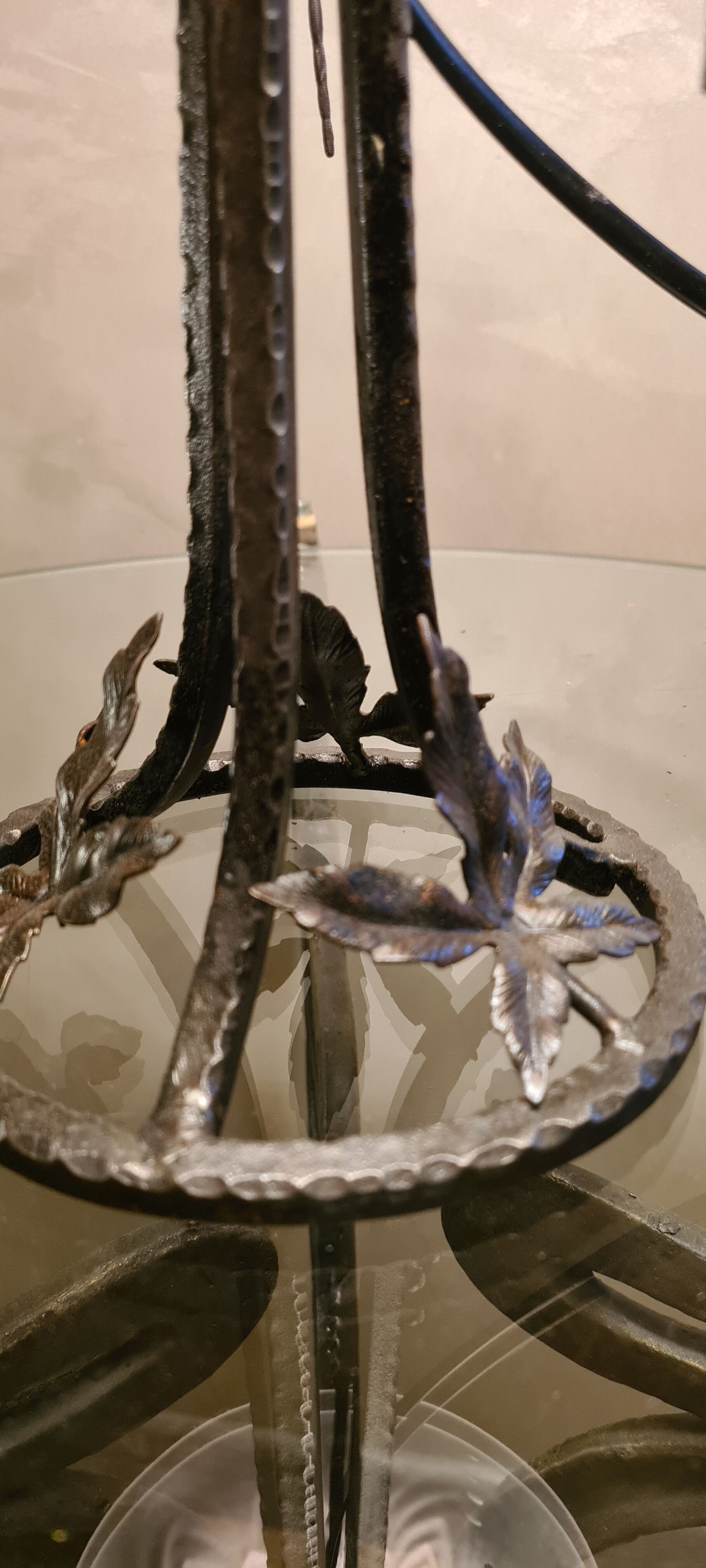 art nouveau wrought iron lamp and tulip molded opaque glass 28x15