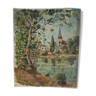 Old painting, landscape on canvas