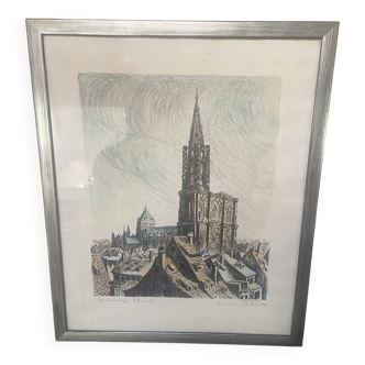 Engraving Drawing Lithography Strasbourg Cathedral France 1941 Signed