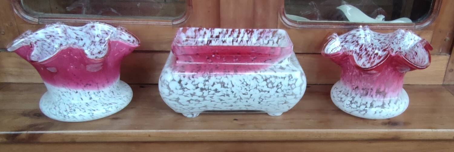 Old planter set and 2 Clichy glass vases