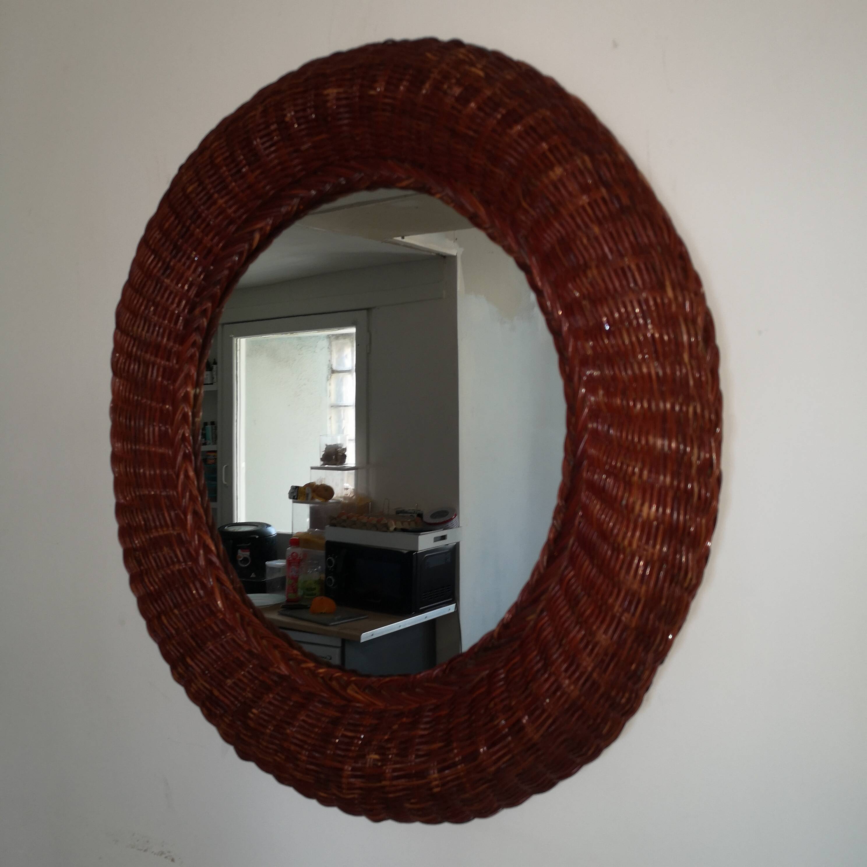 Woven wicker mirror vintage italy 1970