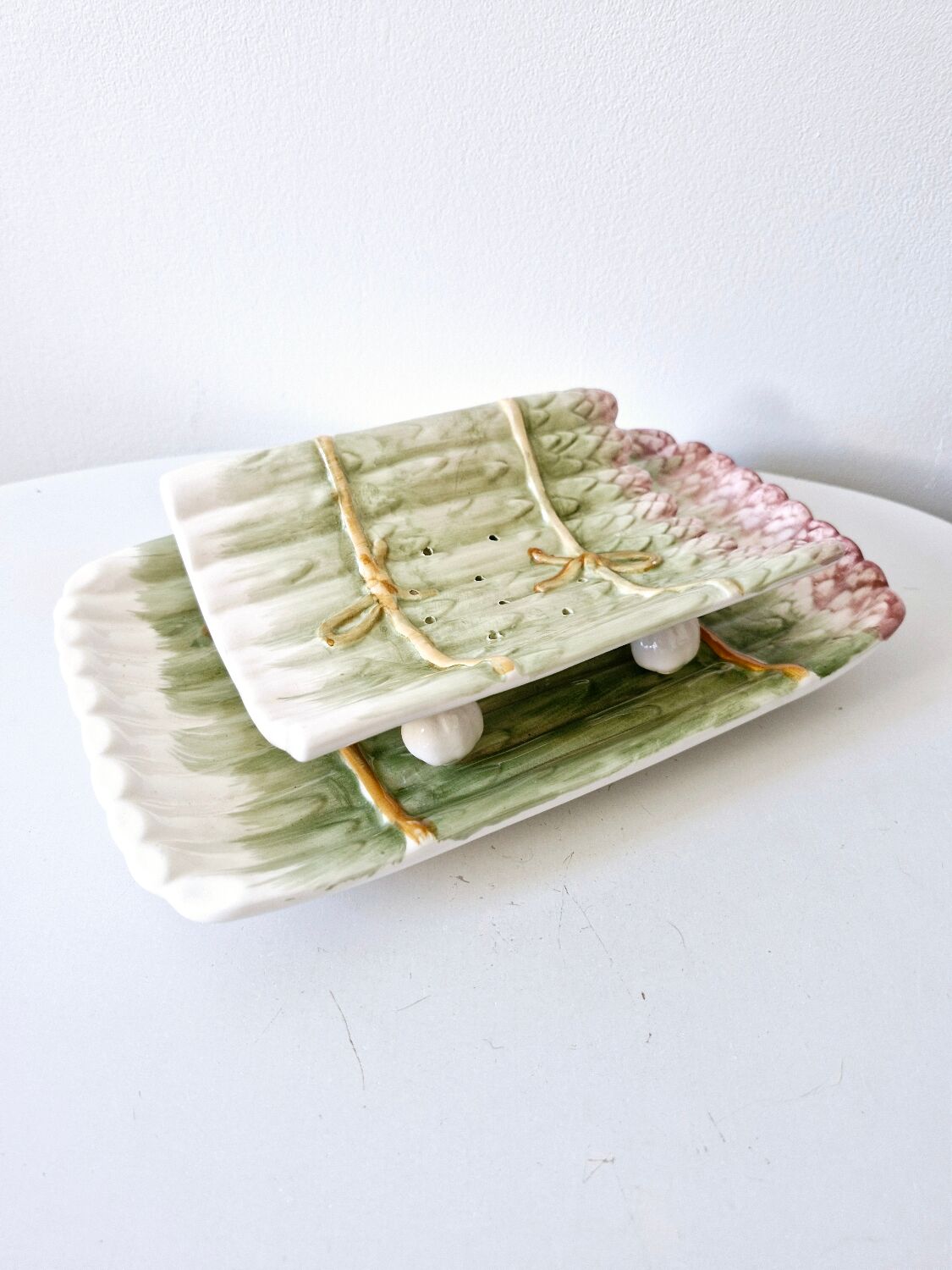 Old dish and asparagus drainer Barbotine ceramic