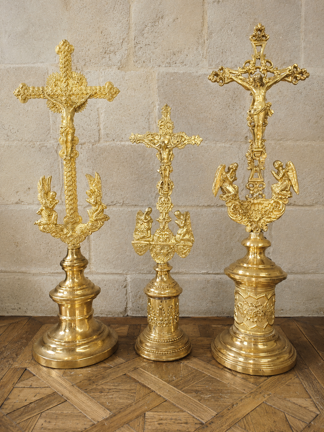 Three Gilded Bronze Altar Crosses, 19th Century