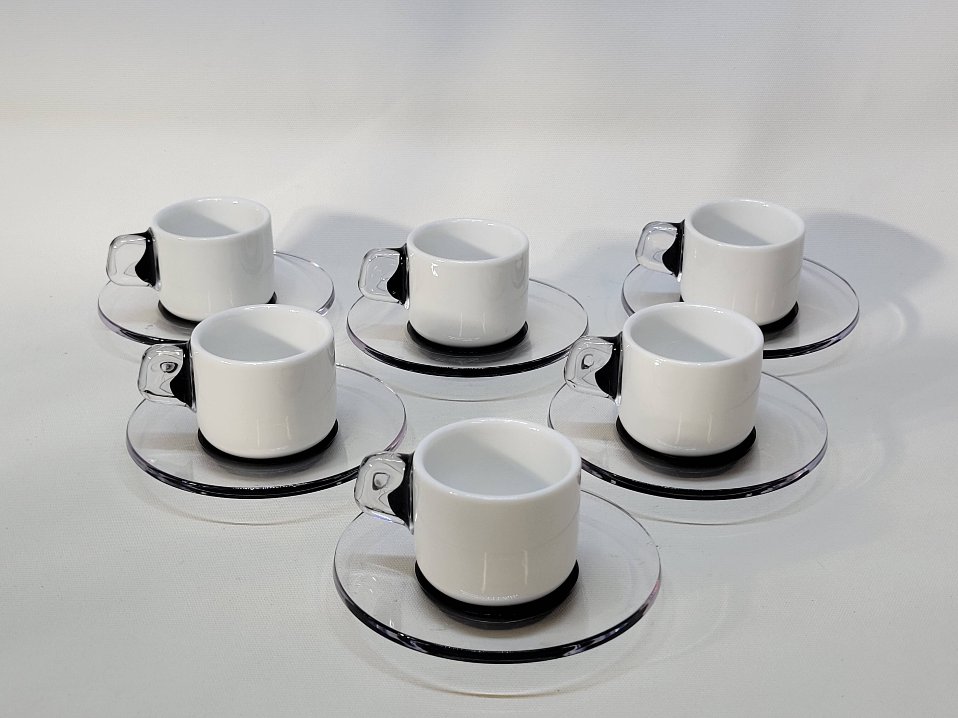 Guzzini Coffee Set 6 Porcelain Espresso Cups and 6 Plexiglas Saucers