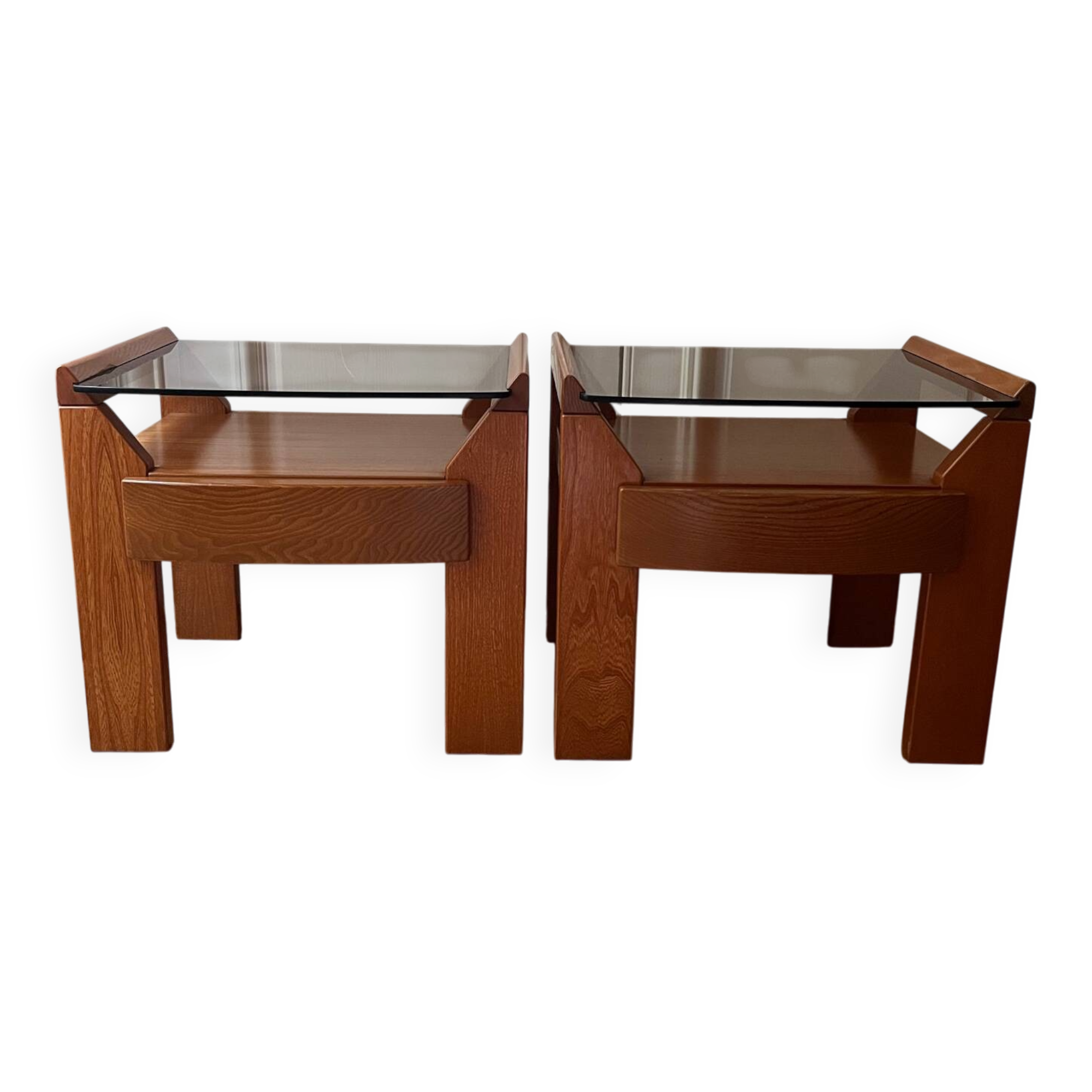 Pair of vintage bedside tables in wood and smoked glass