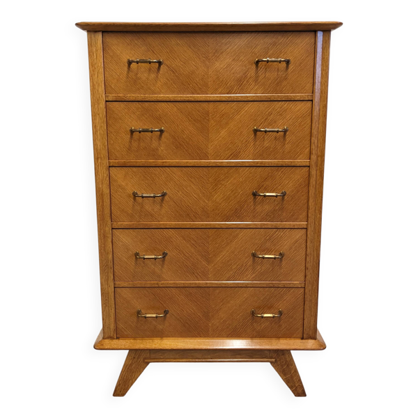 Chiffonnier ou commode haute moderniste en chêne blond, France vers 1950