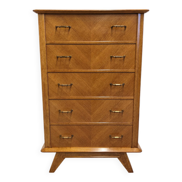 Chiffonnier ou commode haute moderniste en chêne blond, France vers 1950
