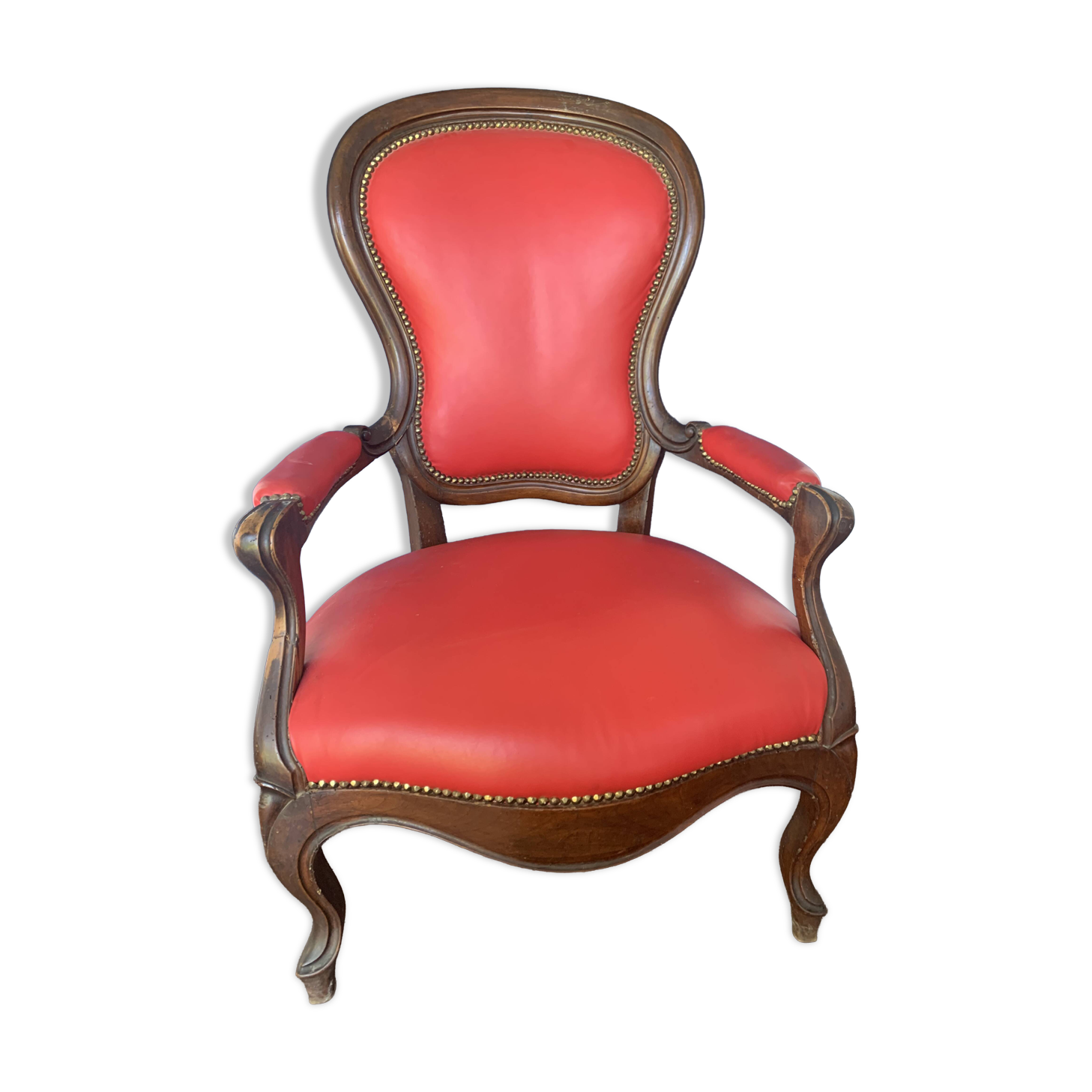 Antique solid wood armchair – Louis XV style – red upholstery, 19th century