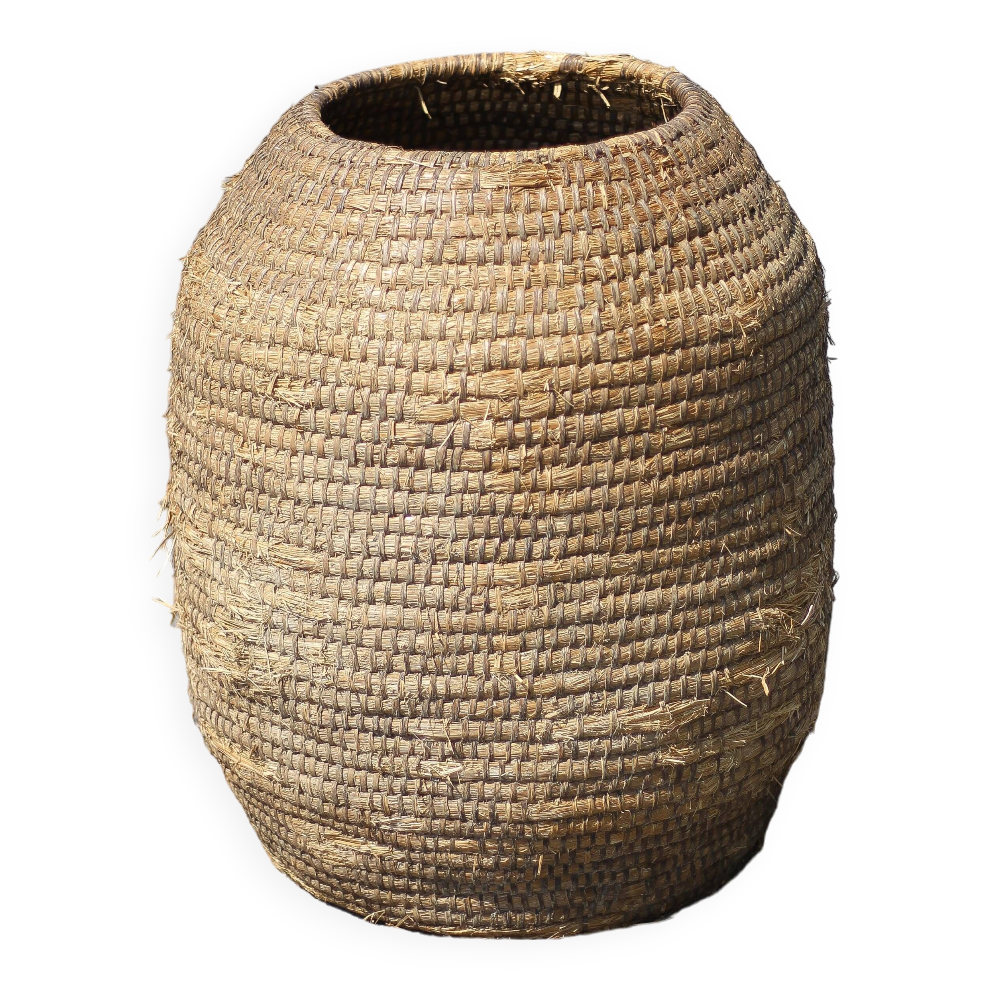 Very large old basket, burgundy straw and bramble, woven basket