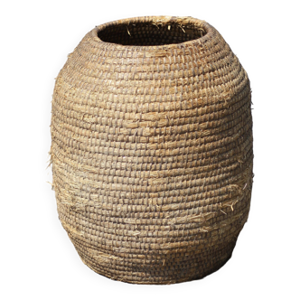 Very large old basket, burgundy straw and bramble, woven basket