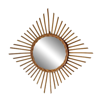 Diamond-shaped sun mirror in rattan – France, 1960s
