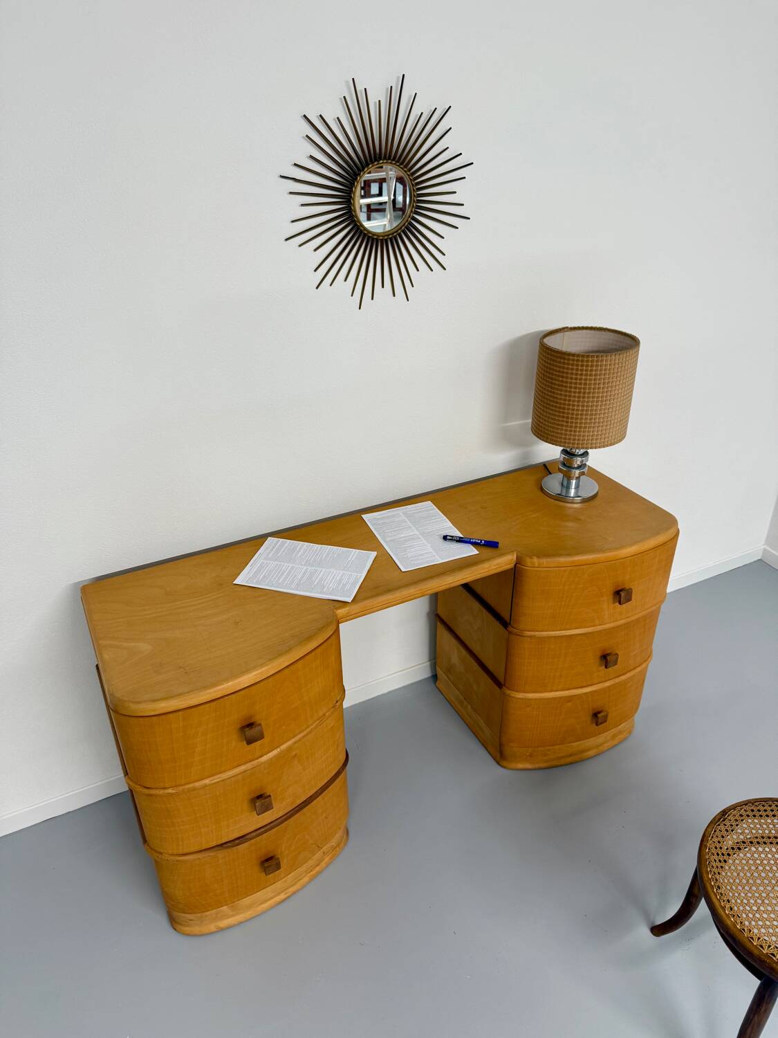 Old beech desk in art deco style with drawer, vintage 60s