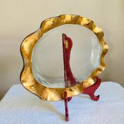 Oval dish signed Annie Glass 38/35 made in the USA wavy edge gilded with fine gold