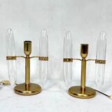 Postmodern pair of gilded metal and glass table lamps by Stilkronen. Italy 70s
