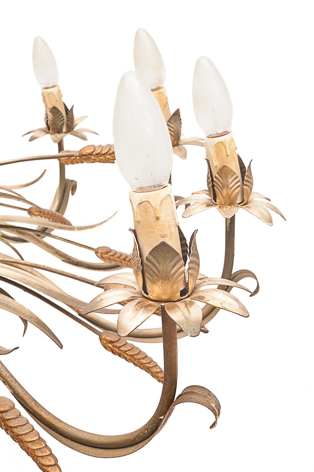 Pair of 12-burner wheat sheaf chandeliers by Hans Kogl