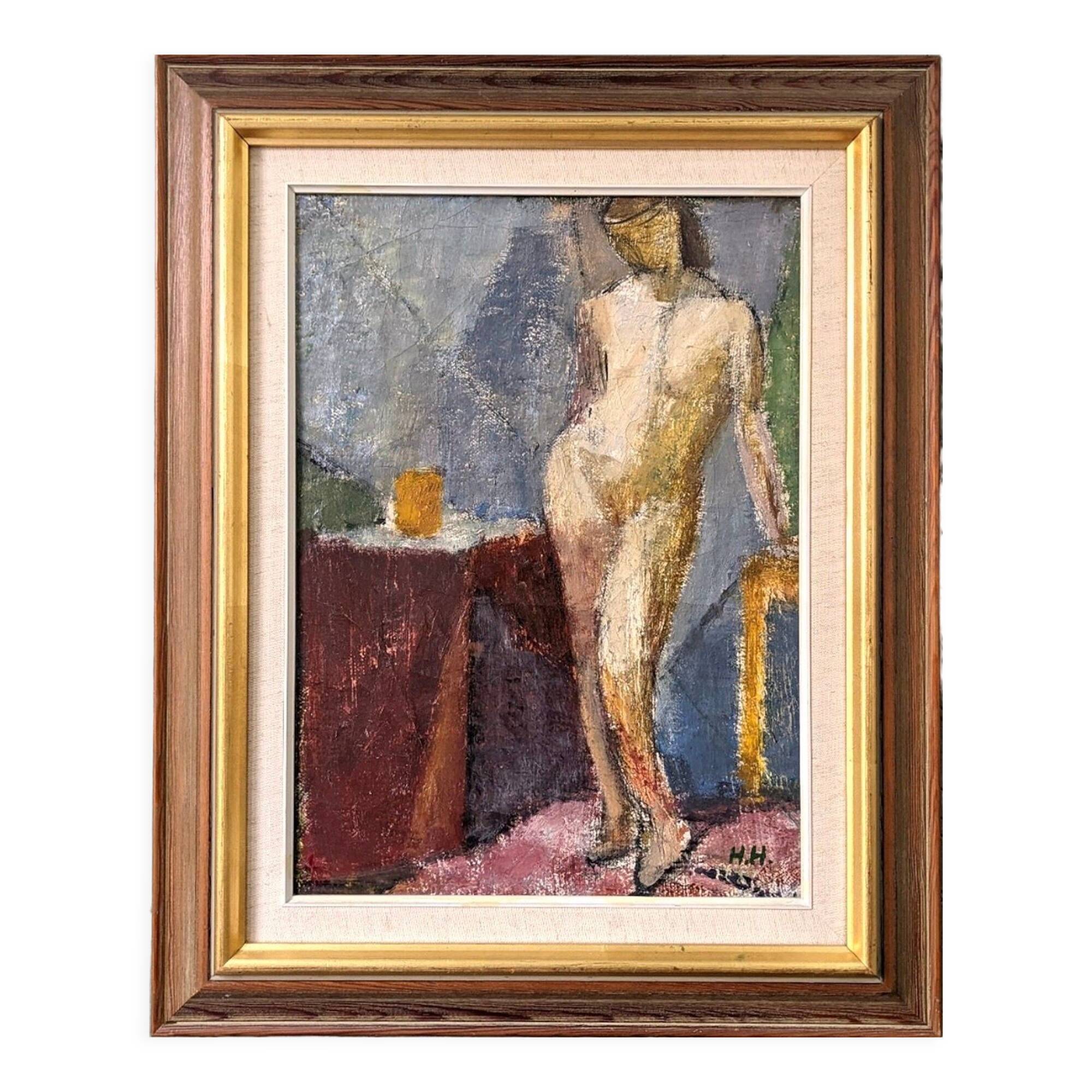 1945 Mid-Century Modern "Leaning Model" Swedish Vintage Figurative Portrait Oil Painting, Framed
