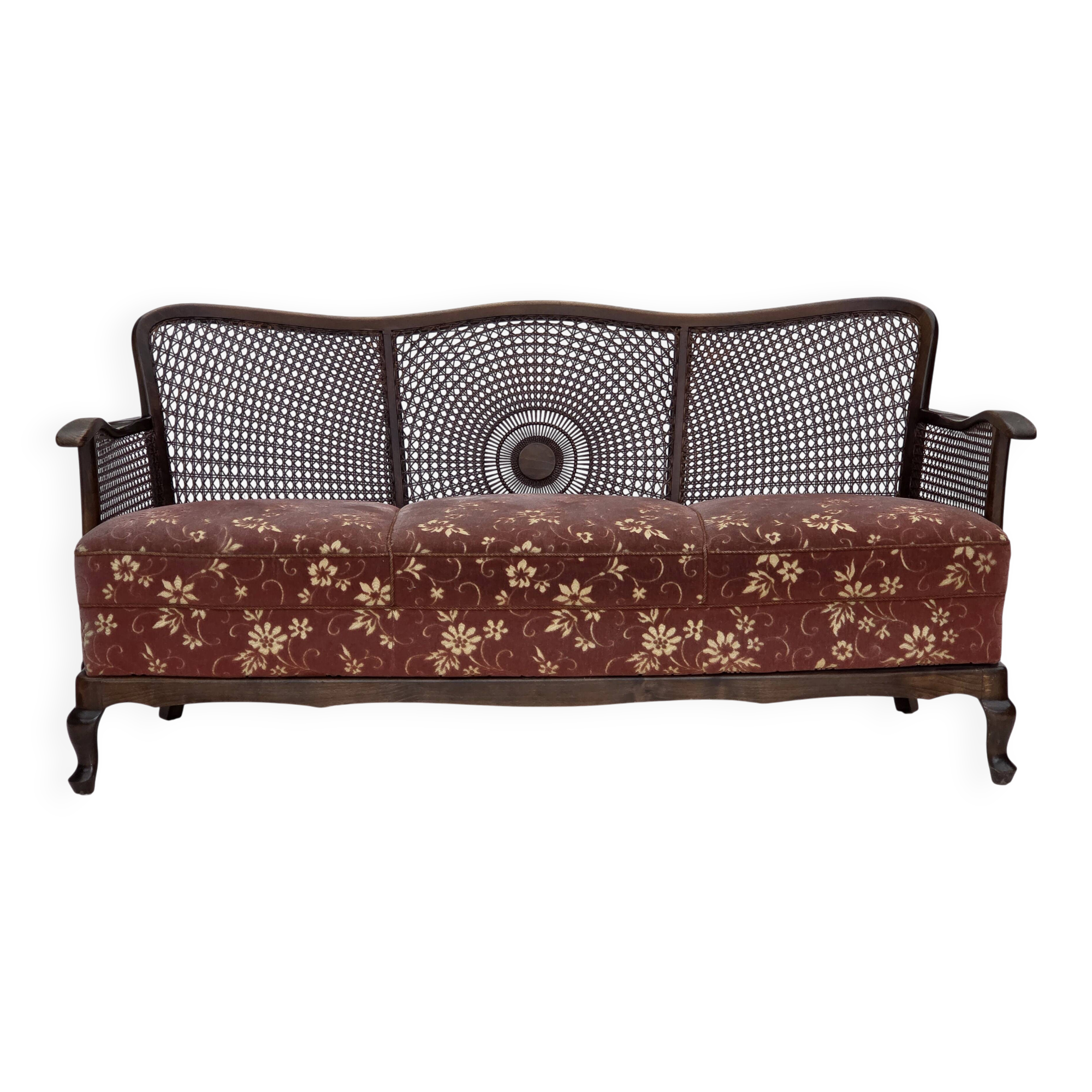 1950s, Danish 3-seater sofa, salmon/pink velour, furniture mesh.