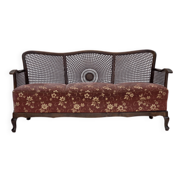 1950s, Danish 3-seater sofa, salmon/pink velour, furniture mesh.