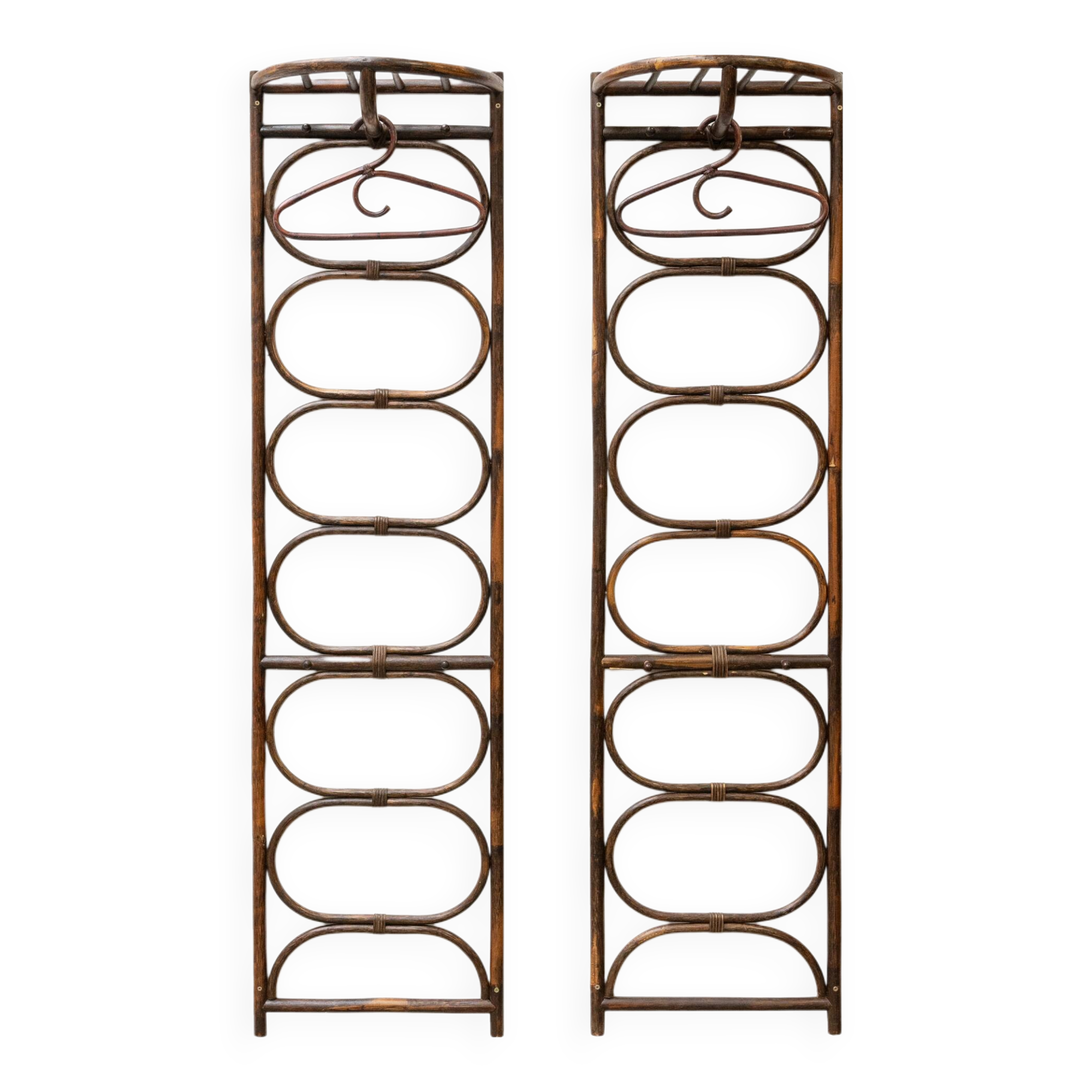 Set of two vintage coat racks in bamboo and rattan