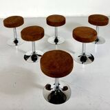 Mid-Century Stools, Chrome & Brown Leather Seat, 1970s, Set of 6