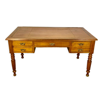 Antique desk, 4 drawers, gilded leather with small irons