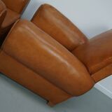 Pair of French club chairs with moustache back in cognac leather, 1950s