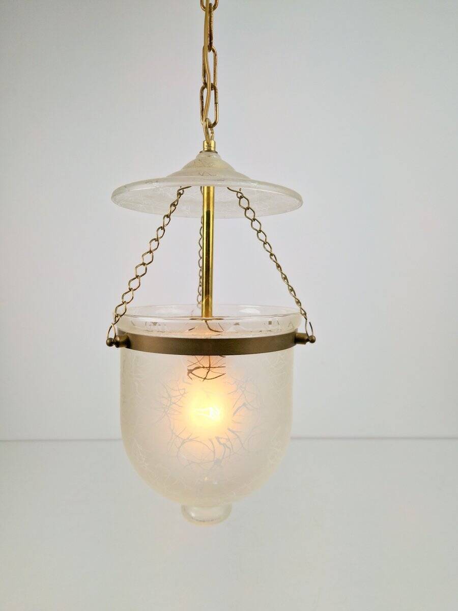 Vintage Brass and Mounted Glass Hundi Lantern Bell Lamp, 1950s