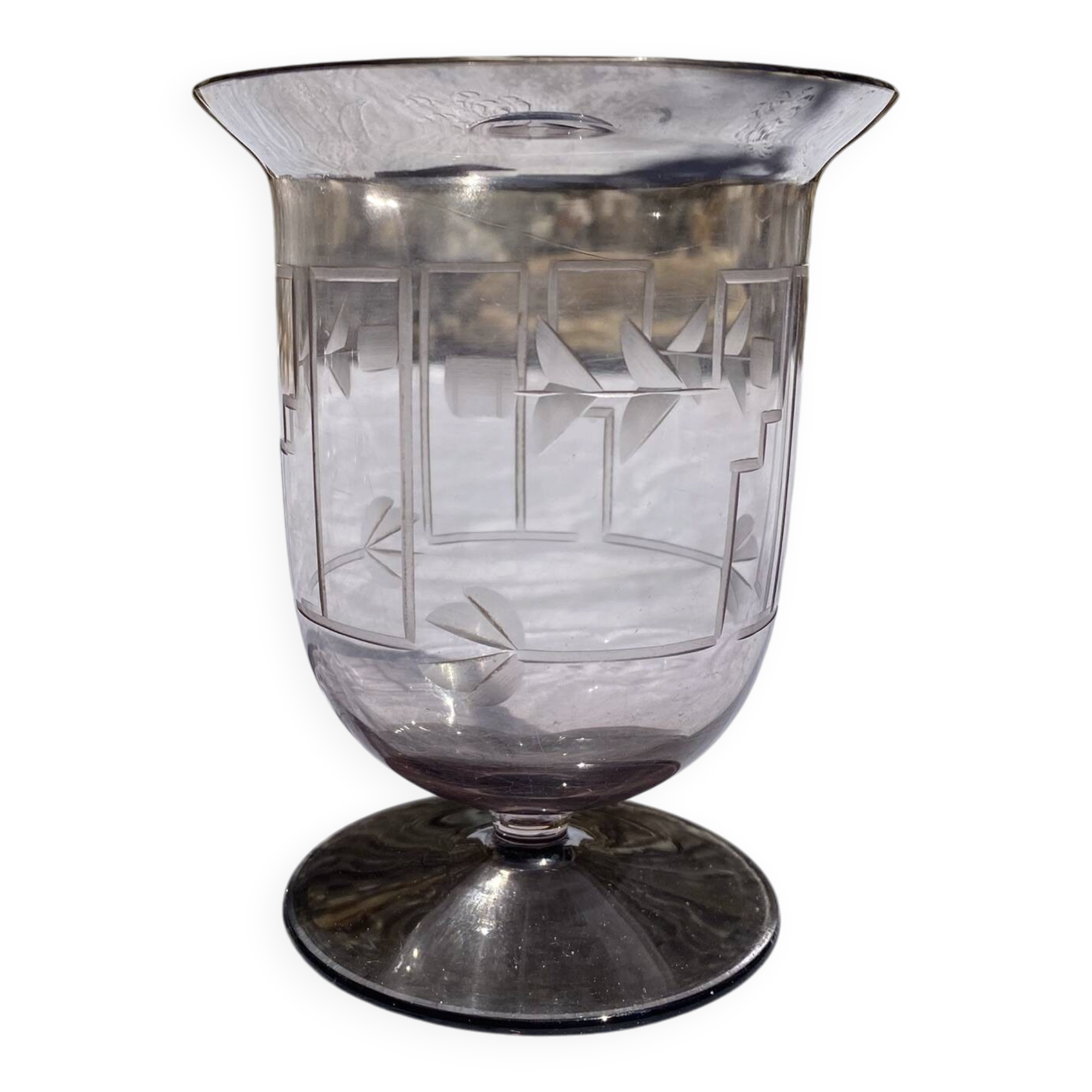 Antique Art Deco engraved glass, silvered rim and base.