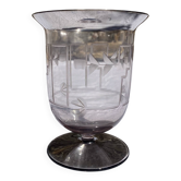 Antique Art Deco engraved glass, silvered rim and base.