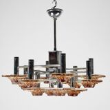 12-light Mazzega chandelier in amber and clear murano glass and chrome. Ita