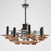 12-light Mazzega chandelier in amber and clear murano glass and chrome. Ita