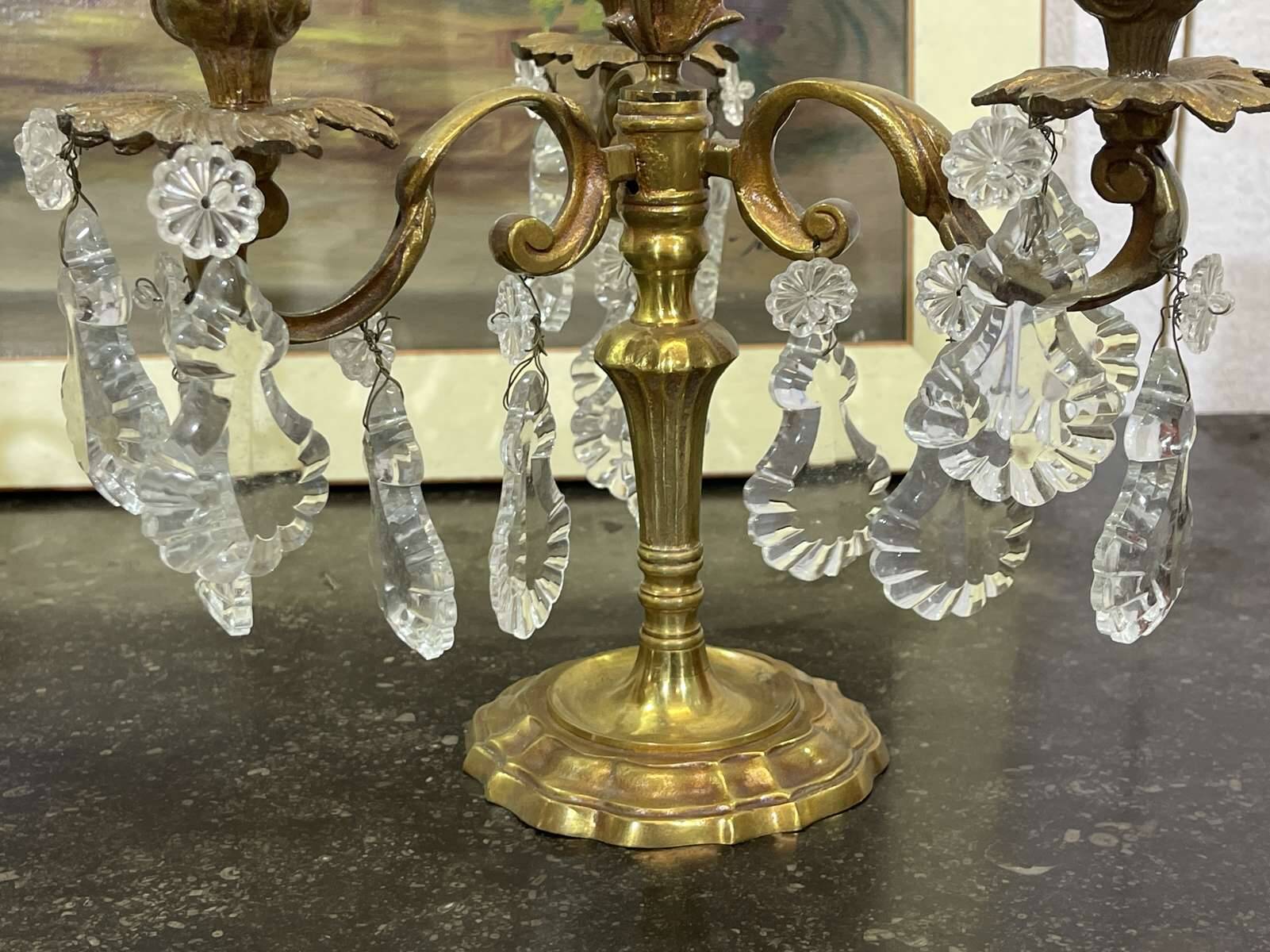 Pair of bronze chandeliers with crystal drops from the 1960s