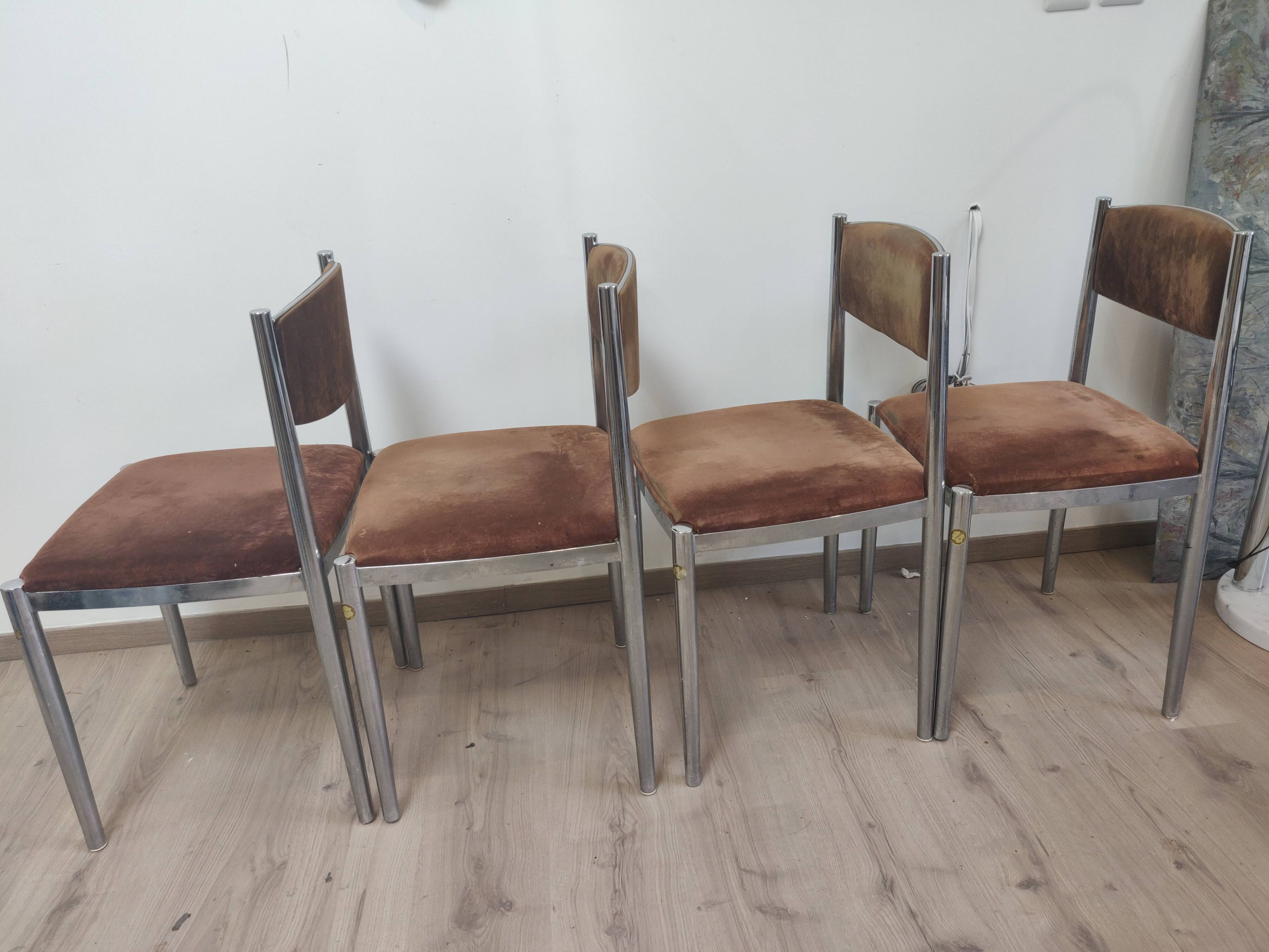Suite of 4 chairs 70s chrome metal and velvet