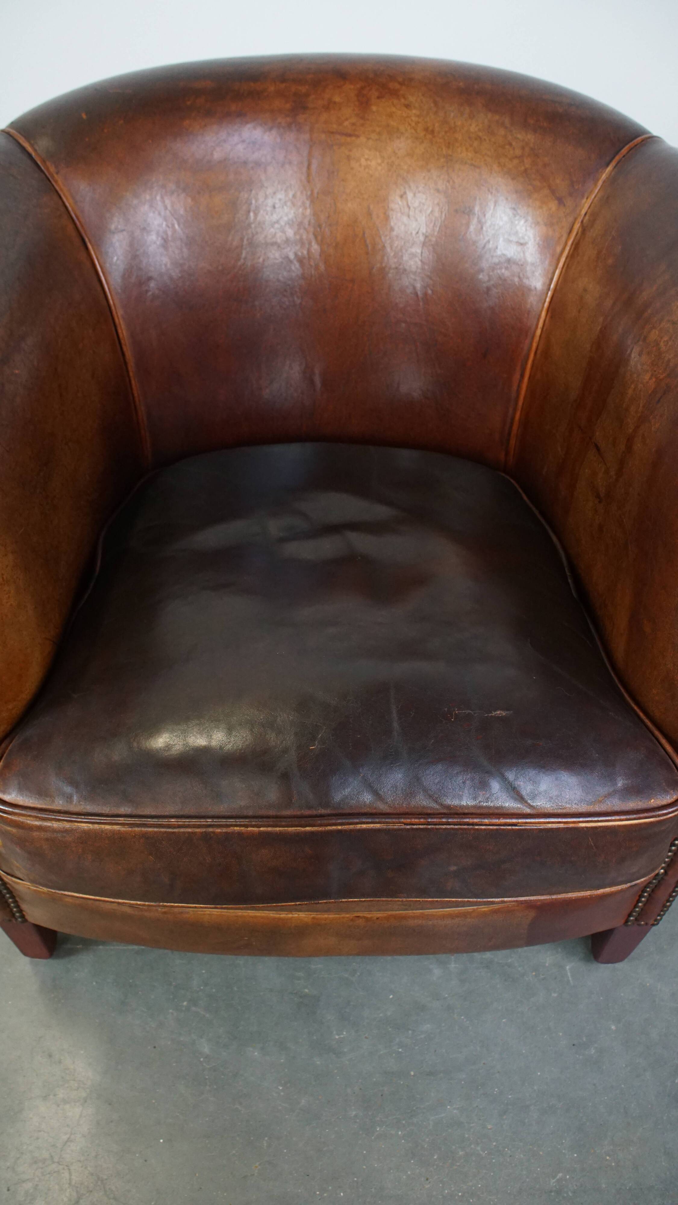 Cognac-Colored Sheepskin Leather Club Armchair