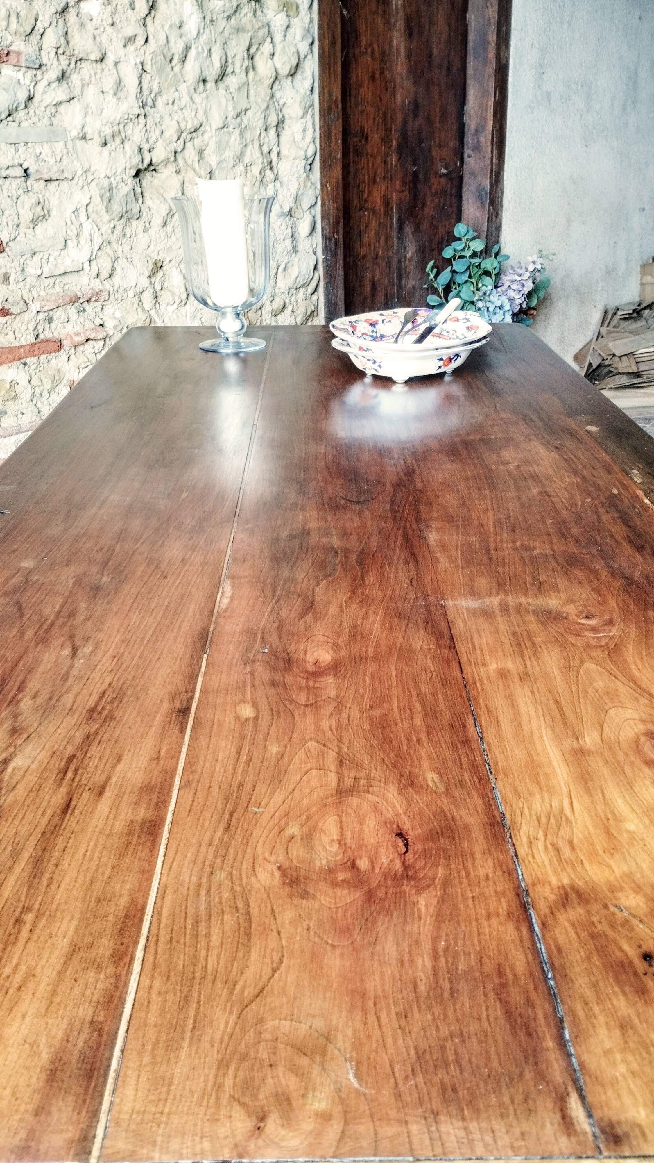 Old French farmhouse table in walnut, turned legs, waxed finish