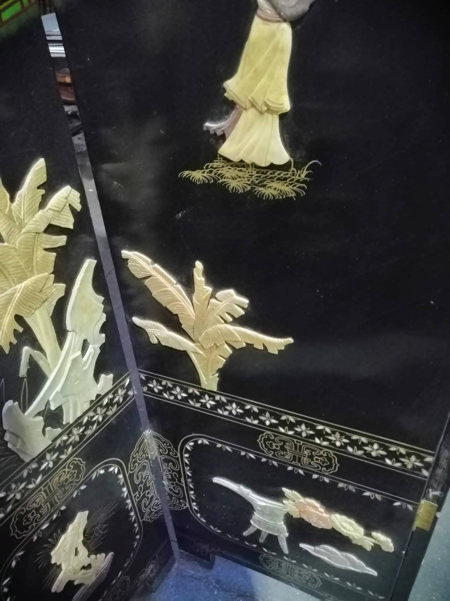 Antique Chinese bedroom screen, inlay of soapstone, jade, ivory, mother-of-pearl