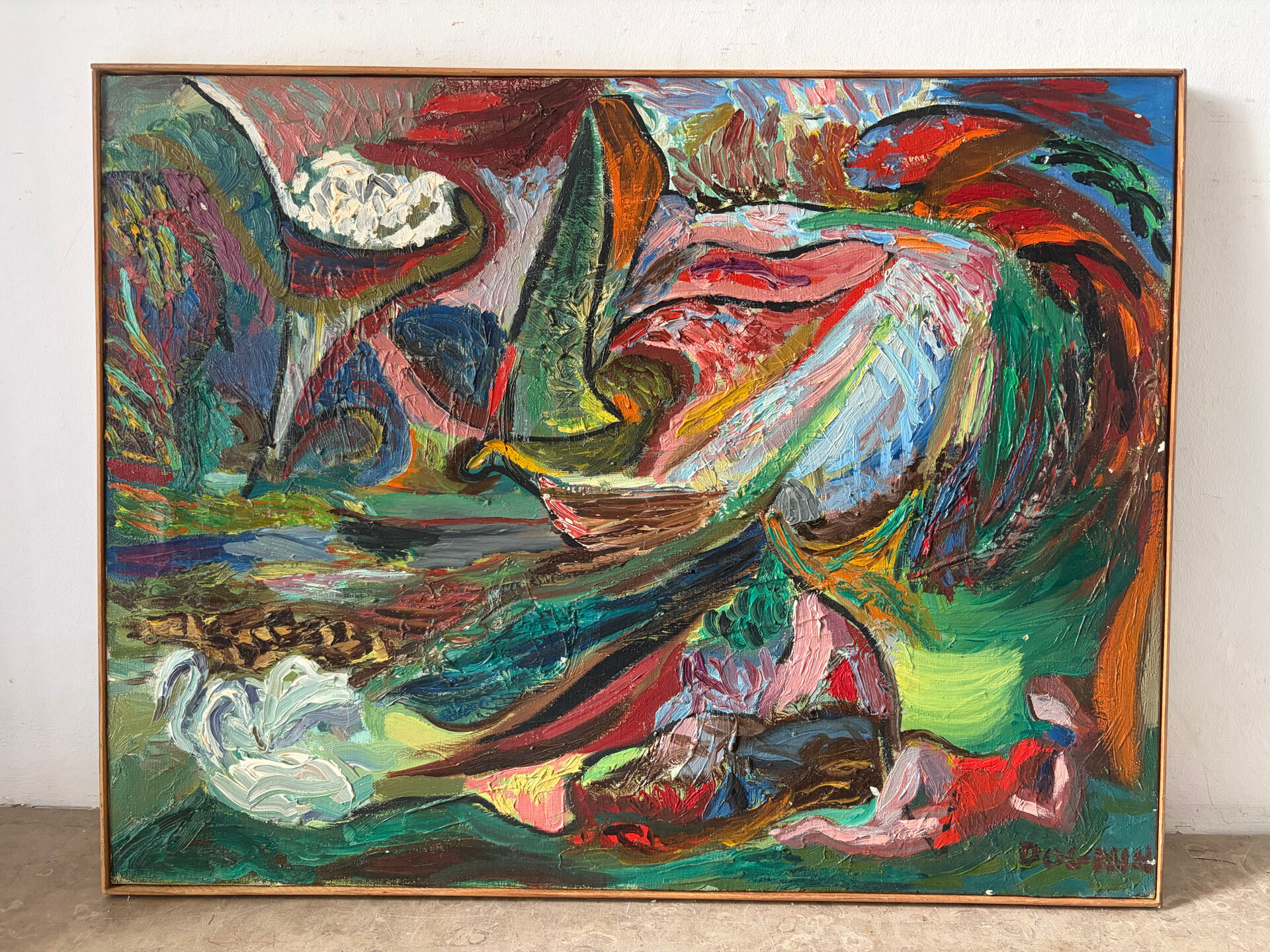 Abstract oil on canvas signed Dognin