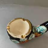 Vallauris pipe-shaped ashtray with blue and gold flowers