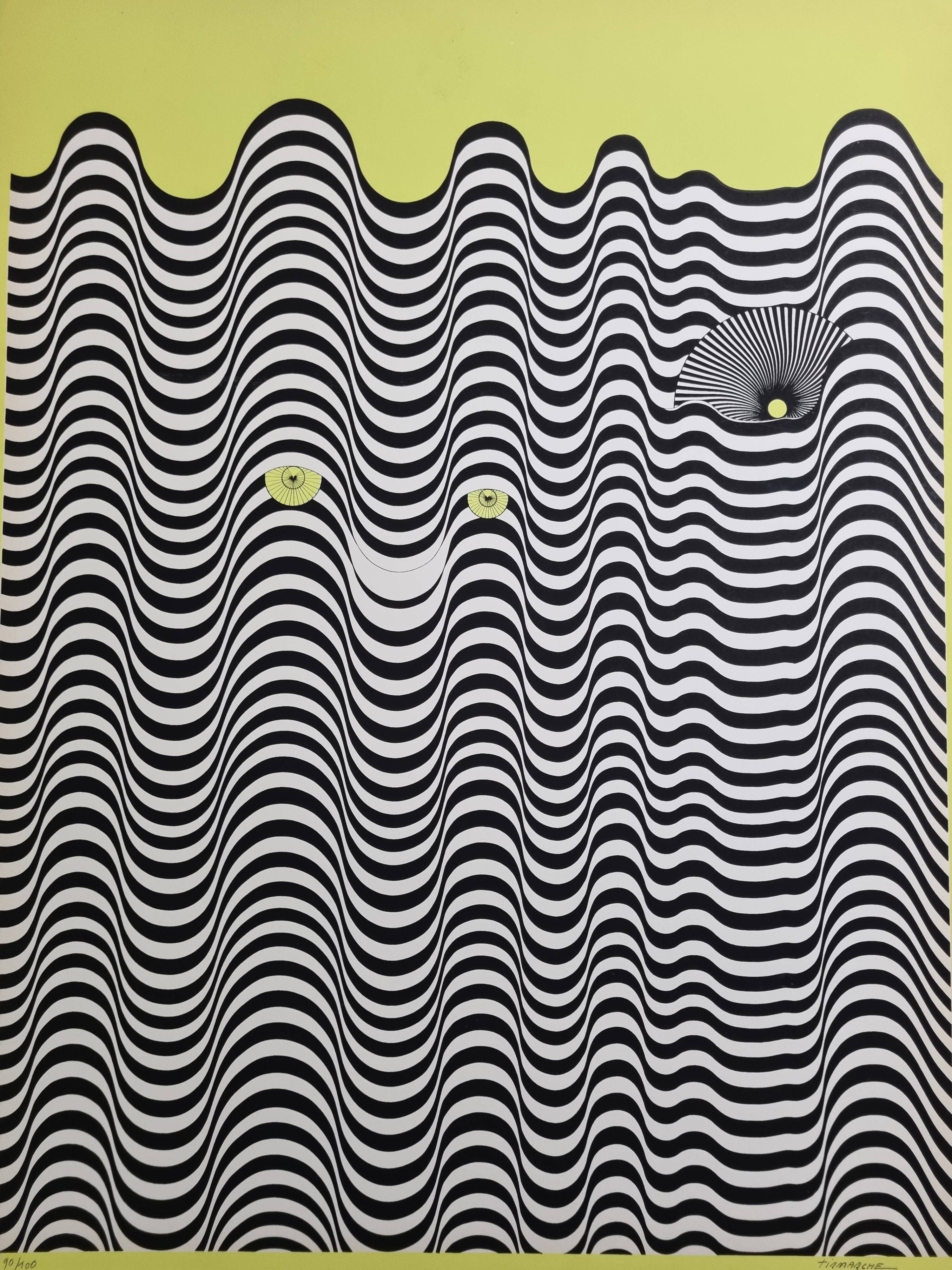 Screenprint signed after Maurice Tirmarche, Optical work of art "Op Art in yellow", 50 x 65 cm